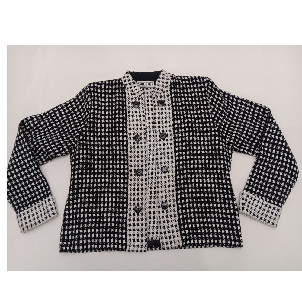 San Remo Vintage‎ Houndstooth Knit Jacket Women's Medium Black White Made in USA